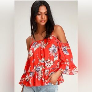 Lulus Kiki Coral Red Floral Print Cold Shoulder Top